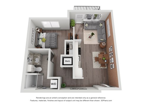 Floor plan for 1 bed, 1 bath, 663 sqft